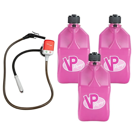 VP Racing 3812-CA, 5.5-Gallon Square Motorsport Jug Pink (3 Pack), w/Utility Jug Battery Powered Fuel Transfer Pump (1 Pack)