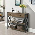 thumbnail image 2 of Alden Design Wood Console Table with Drawers and Shelves, Taupe Wood with Dark Frame, 2 of 9