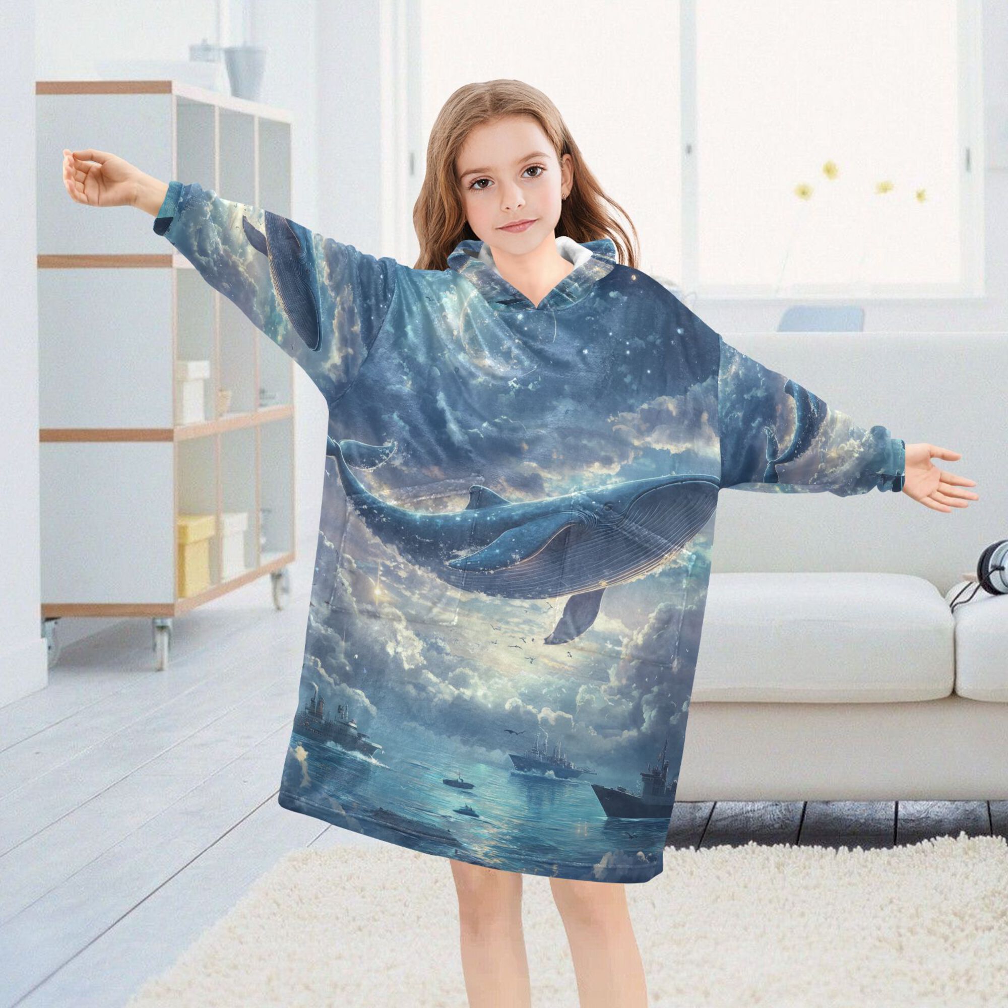 FORMRS Wearable Blanket Hoodie with Sleeves for Kids Cozy Flannel Sweatshirt, Night Floating Whale