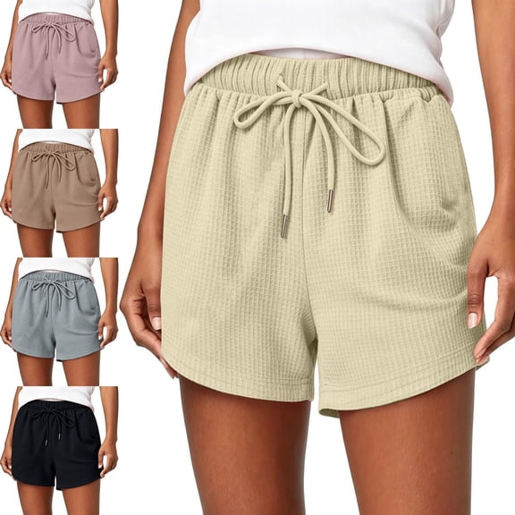 Summer Sleep Shorts for Women Knitted High Waist Lounge Shorts with Drawstring Solid Color Homewear Pajama Pants Beige S