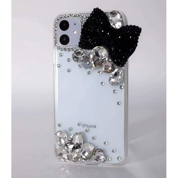 iPhone 11 Pro Diamond Case iPhone 11 Pro Black Bow Case 3D Handmade Original Gemstone Crystal Rhinestone Bling Glitter Diamond Clear Cover Phone Case