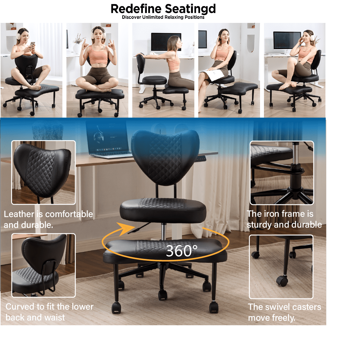 Meditation Chair, Ergonomic Cross Legged Seating Chair with Lumbar Support and Height Adjustable Seat Cushion, Kneeling Chair with 360-Degree Swivel Casters for Office or Yoga, PU Leather, Black