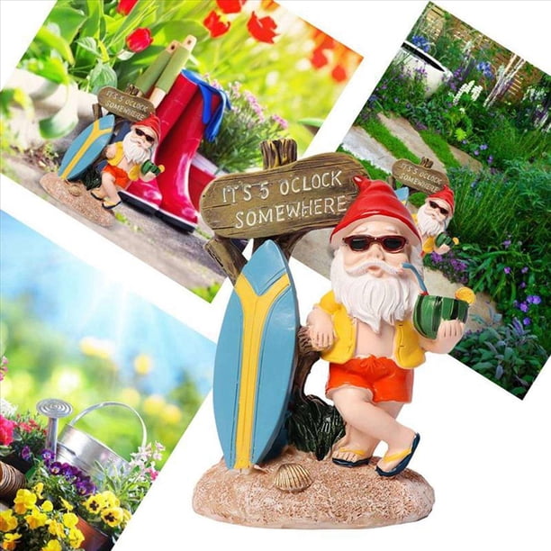 2X Figuras de Gnomo Divertidas de Resina con Letrero de de Tabla de Surf Son las 5 en Punto Estatua en AlgúN Lugar para la DecoracióN del JardíN del Hogar