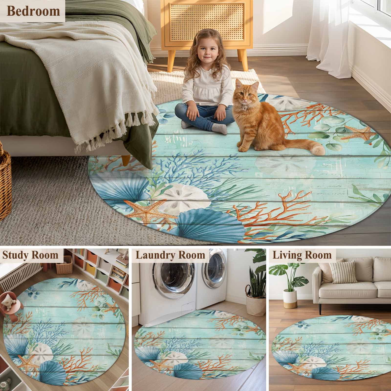 Round Area Rugs Collection 6 Ft, Teal Beach Coastal Non-Slip Residential Carpet, Summer Nautical Coral Shell Botanical Vintage Indoor Crawling Mats Runner Rugs for Living Room/Dining Room/Bedroom