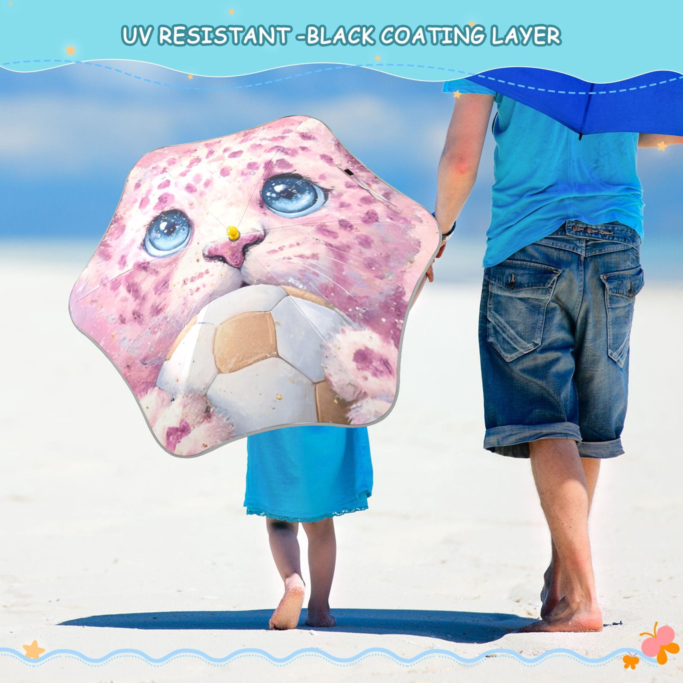 BZSMCE Folding Umbrellas Rain & UV Protection Windproof In Fluffy Cub & Soccer Pattern