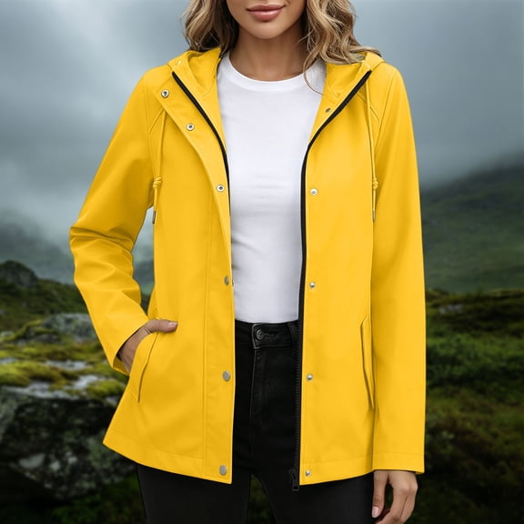 Warop Raincoat Women Lightweight Hooded Zip-Up Jacket Solid-Color Long-Sleeve Coats Waterproof Windproof Travel Jacket