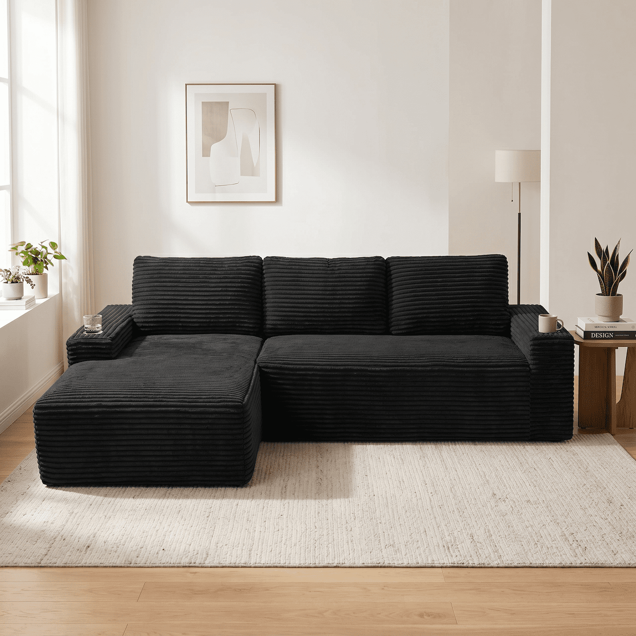 104" Modular Sectional Sofa, L-Shaped Couch with Convertible Chaise, Corduroy Deep Seat Comfy Sectional with Storage Pockets & Cup Holders, No Assembly Couch for Living Room, Black