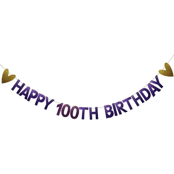 Purple Glitter paper Garlands Banner, Pre-Strung,100th Birthday Party Decorations Supplies,Purple HAPPY 100TH BIRTHDAY
