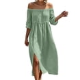 thumbnail image 3 of Bxsruta Women's Off the Shoulder Midi Dress Three Quarter Sleeve High Waist Flowy Split Beach Sundress Casual Pull on Elegant Fit and Flare a Line Summer Vacation, 3 of 8