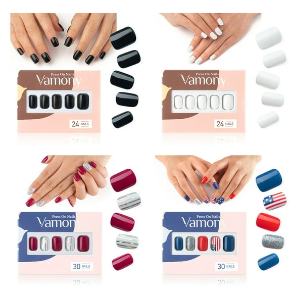 Vamony Nails Uñas a Presión 108 Pzas Cuadradas Cortas 4 de Julio Colores False, Kit de Uñas a Presión con Pestañas Adhesivas, Palos de Manicura y Archivos, Uñas Artificiales para Niñas y Mujeres, 4 Packs de Uñas Postizas