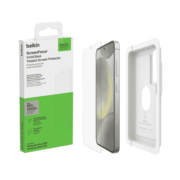 Belkin ScreenForce InvisiGlass Treated Screen Protector for Samsung Galaxy S25, S24, Scratch-Resistant Impact Protection w/ Included Easy Align Tray for Bubble-Free Application - Recycled Glass