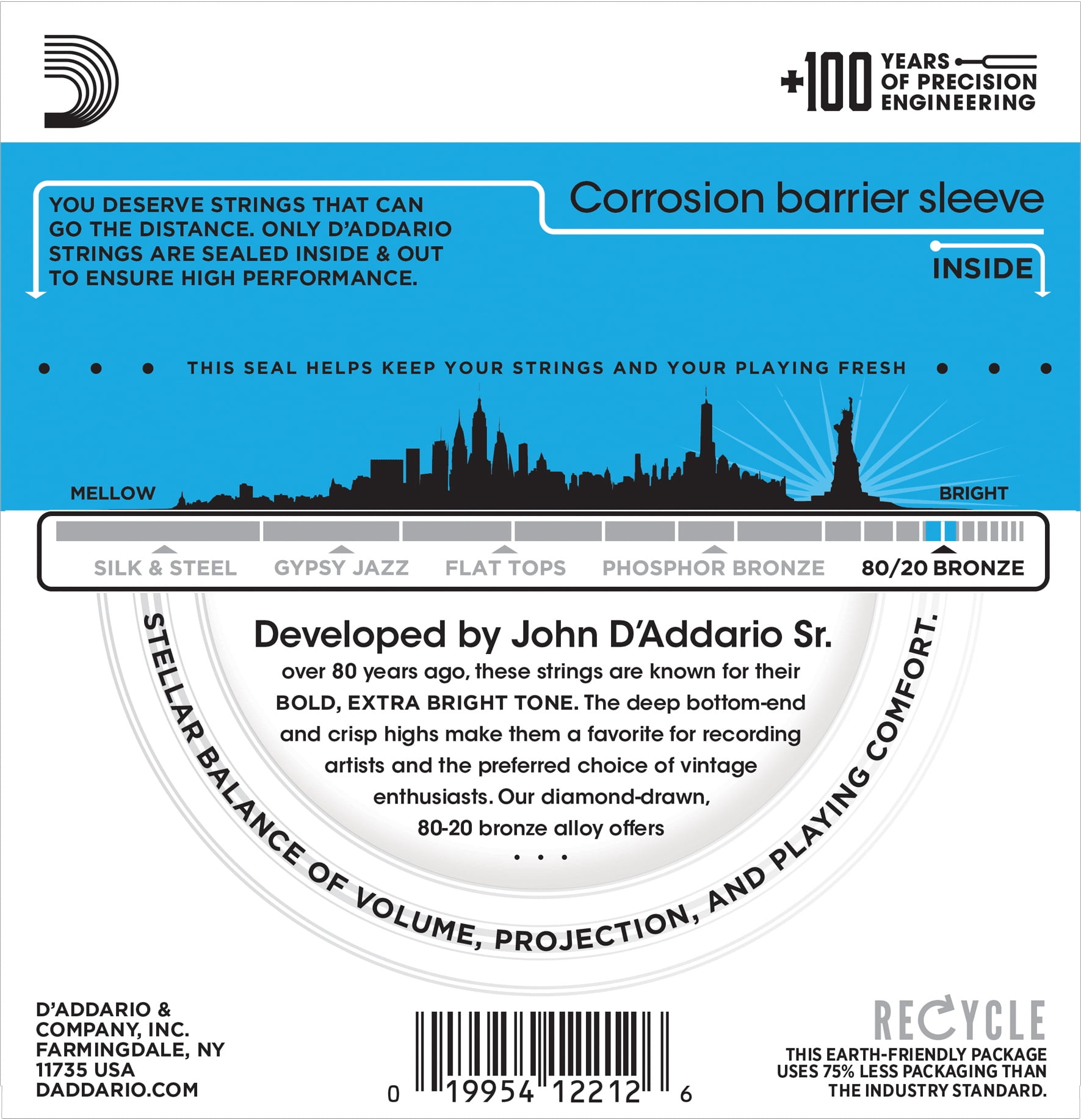 D'Addario Guitar Strings - 5 -Pack - Acoustic - EJ11 Light 12-53 80/20 Bronze