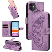 for iPhone 11 Case Wallet for Women, Flip Folio Cover with Butterfly Pattern PU Leather Stand Card Holder Slots Wrist Strap Protective Phone Case for iPhone 11, Purple