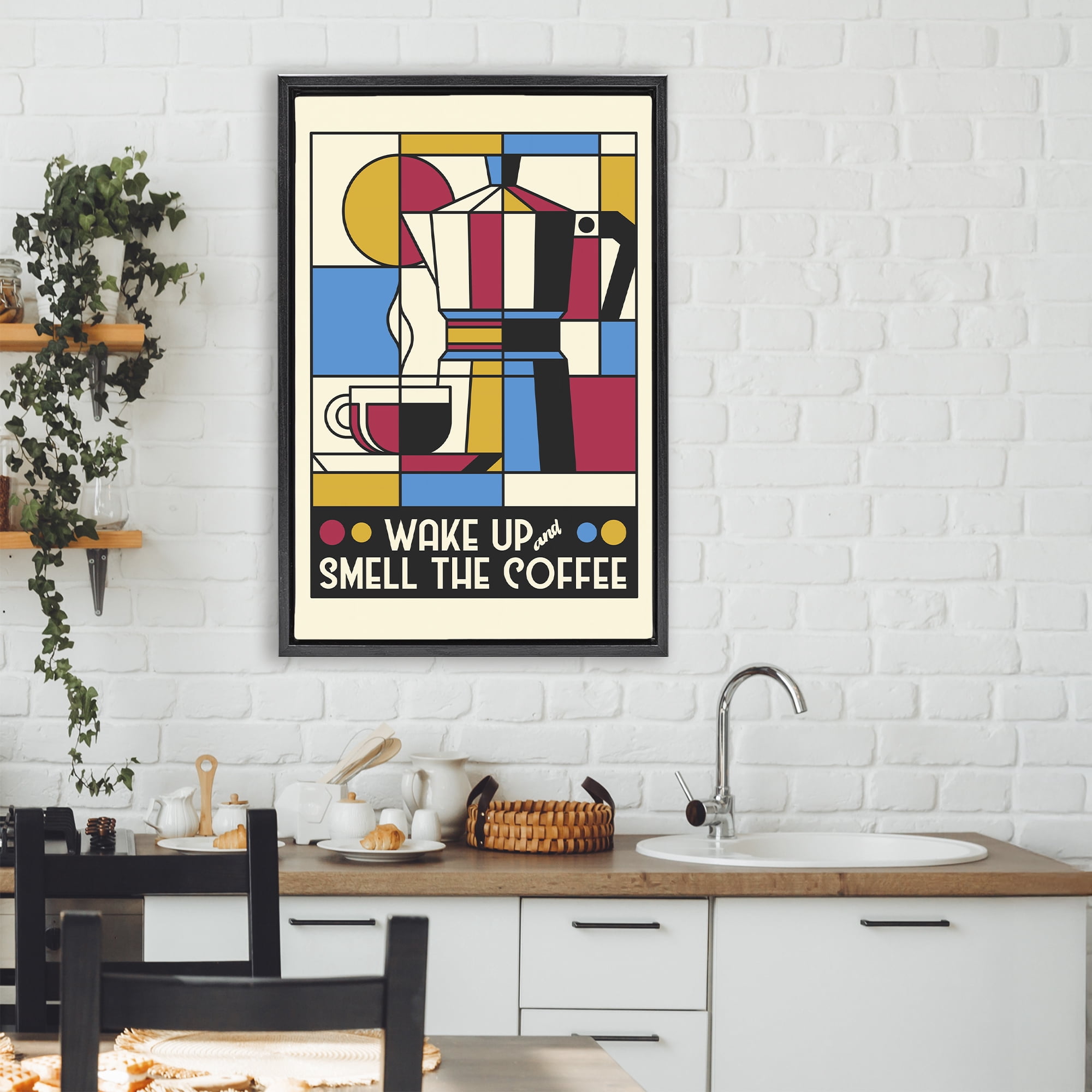Stupell Industries Retro Wake Up & Smell Coffee Black Framed Floater Canvas Wall Art, design by Tobe Fonseca