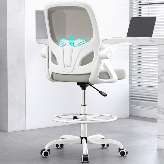Tall Drafting Chair with Footrest Ring for Home and Work, Ergonomic Home Desk Office Chair with Flip up Arms and Lumbar Support, Extended Height Executive Desk Office Chair(Gray)