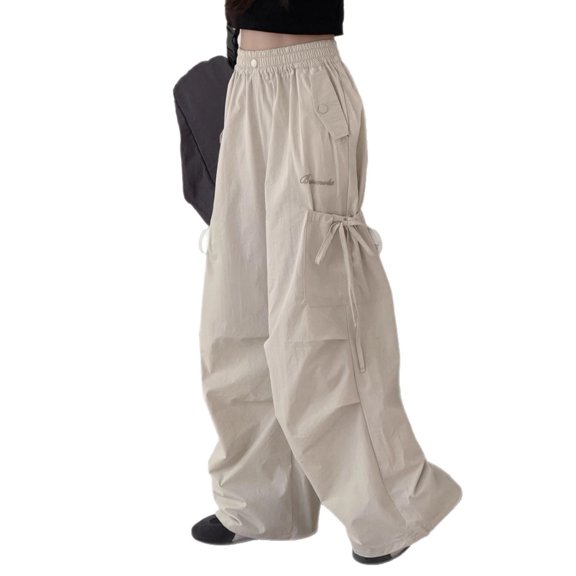 CONROSES Girls Baggy Cargo Pants Wide Leg Outdoor Hiking Pants for Girls Trendy Solid Elastic Waist Drawstring Athletic Jogger Pants With Pockets