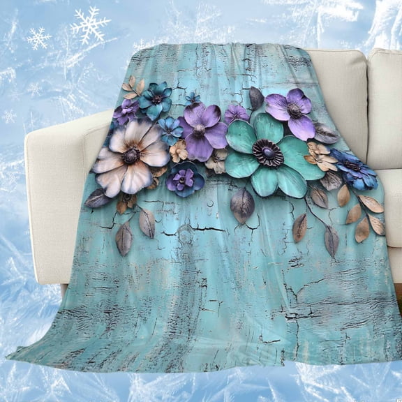 Spring Purple Flowers Cooling Blanket,Lightweight Breathable Summer Throw Blanket with Double Sided Cold Effect,Floral Mottled Teal Wall Retro Picnic Blankets Bed Sheet for Hot Sleepers 60"x80"