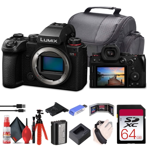 Panasonic Lumix S5 II Mirrorless Camera (DC-S5M2BODY)   64GB Memory Card   Card Reader   Case   Flex Tripod   Cleaning Kit   Memory  Wallet   Hand Strap