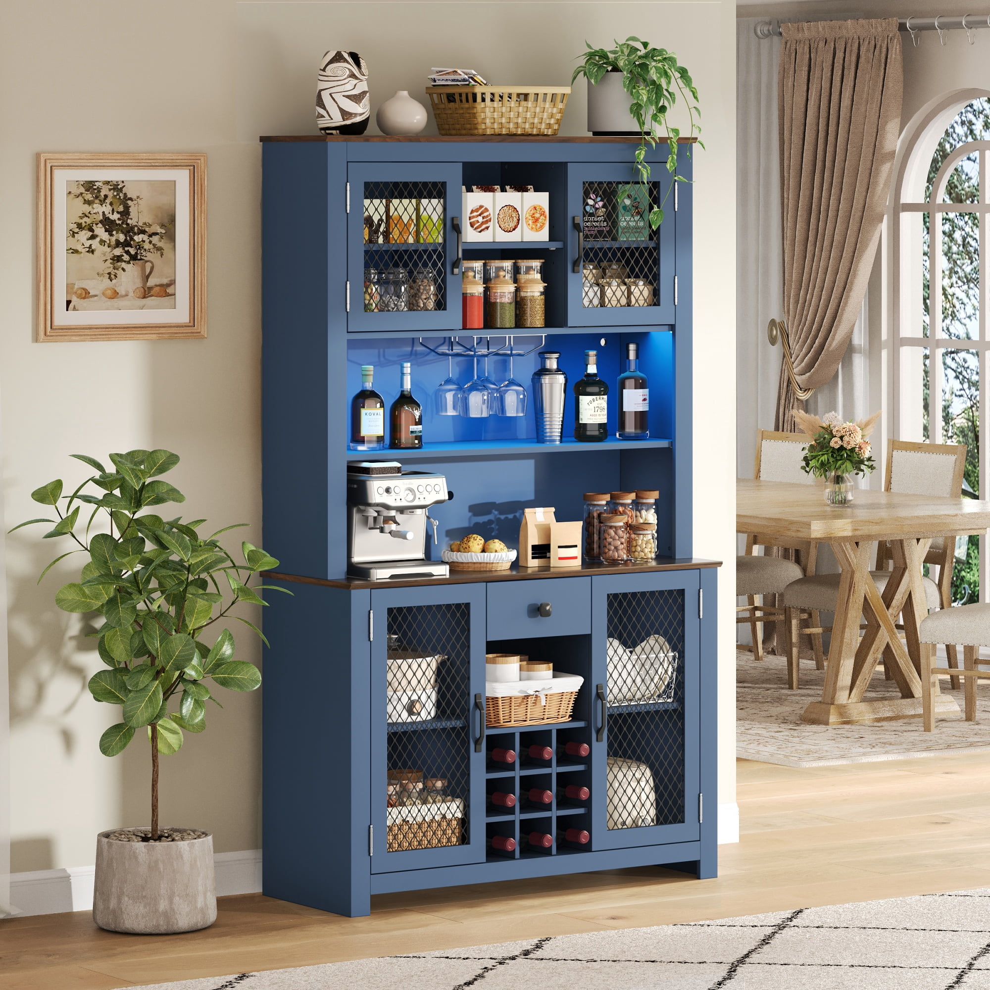 Euroco 70.9" Kitchen Pantry Storage Cabinet Rustic Buffet Cabinet, Kitchen Hutch Cabinet with LED Outlets Food Pantry Cabinet with Doors and Shelves Wine Rack for Dining Room, Navy Blue