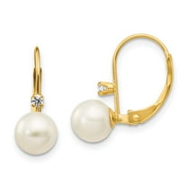 Primal Gold 14 Karat Yellow Gold 6-7mm Round Freshwater Cultured Pearl .06ct. Diamond Leverback Earrings