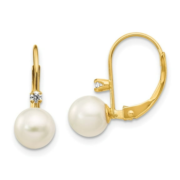 Primal Gold 14 Karat Yellow Gold 6-7mm Round Freshwater Cultured Pearl .06ct. Diamond Leverback Earrings