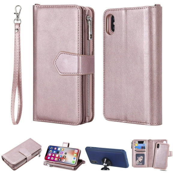 iPhone XS Wallet Case, iPhone X Stand Cover, Allytech Premium PU Leather Wallet Purse Zipper Pocket With 6 Card Slots, Detachable Magnetic Back Case for Apple iPhone XS/ iPhone X, Rosegold