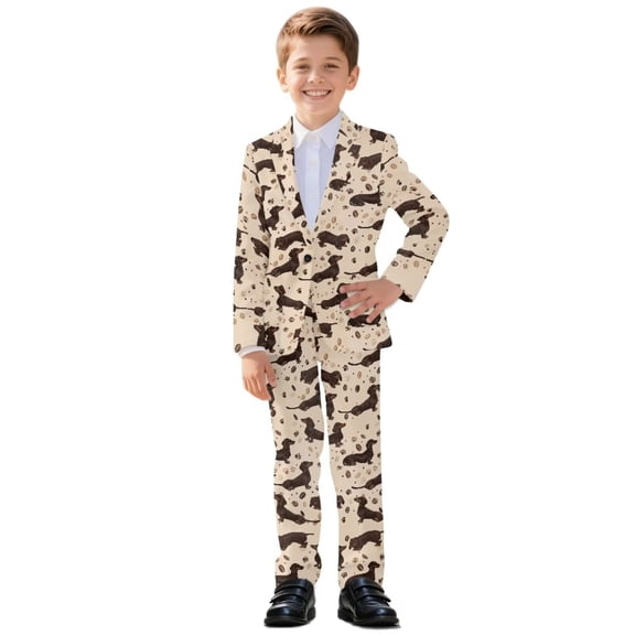 Xoenoiee Dachshund Paw Coffee Beans Print Boys' Slim Fit Tuxedo Suit Set for Toddler Teens, 2-Piece Blazer Jacket and Pants for Ring Bearer, Wedding Guest & Formal Outfit, 5-6 Years