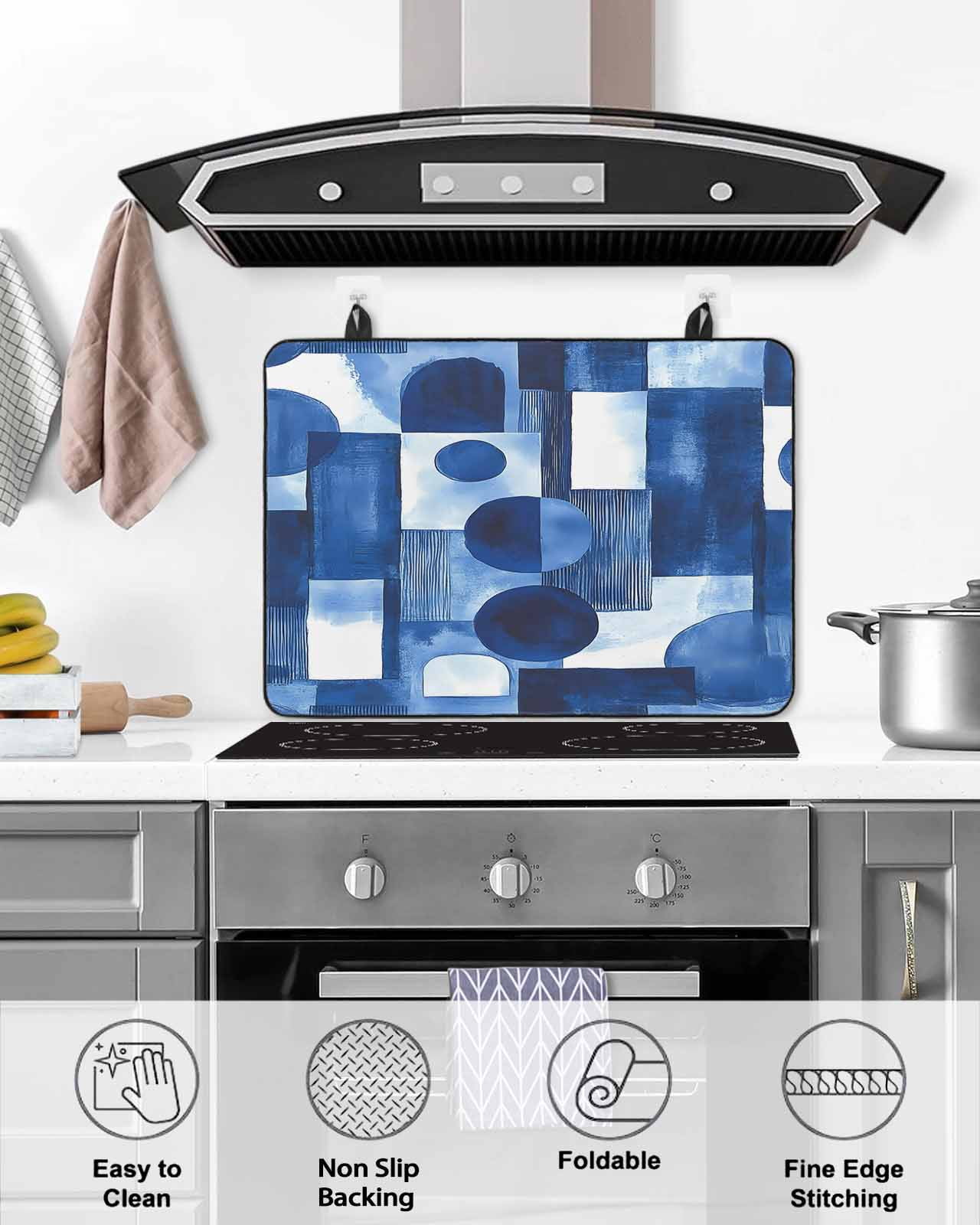 nqOlkjepod Large Induction Cooktop Protector Mat 24"x21", Blue Geometric Stove Top Covers for Electric Stove, Middle Century Vintage Lines Art Stove Burner Cover Mats, Glass Top Stove Cover
