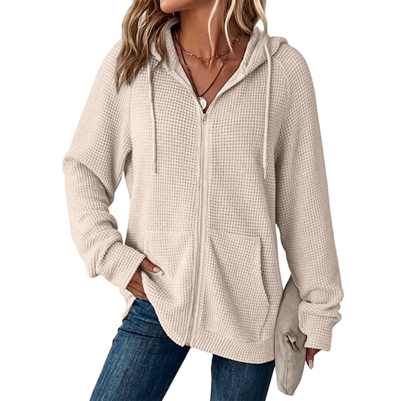 Women's Full Zip Up Hoodies Waffle Knit Long Sleeve Sweatshirt Tops Coat, L
