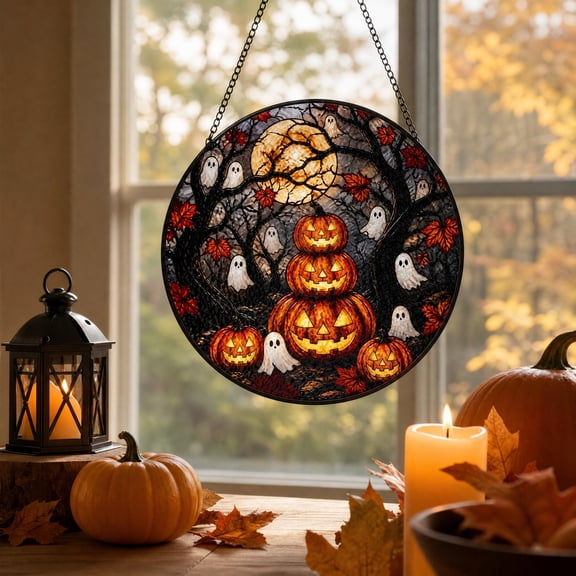 Halloween Decoration for Home Indoor Outdoor Clearance Under $15.00! Halloween Suncatcher Round Pumpkin Acrylic Window Hanging Ornament Spooky Fall Thanksgiving Wall Decor Pendant With Hanging Chain