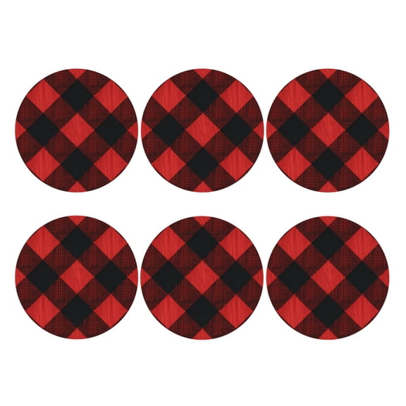 Plaid Flannel In Red Set of 6 Faux Leather 4 Inch Coasters Drinks Tabletop Home Dinning Round Shape