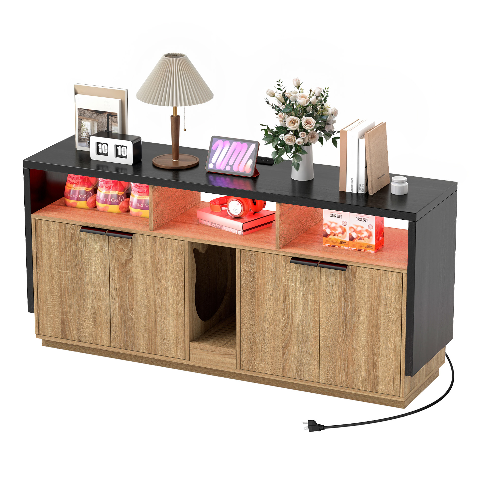 Uforic Litter Box Furniture with LED Light, Power Outlet for 2 Cats, Wooden Long Cat Litter Box Enclosure with Double Room
