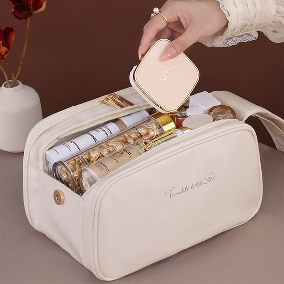 ikaufen Large Capacity 6-Partition Cosmetic Bag, Water-Resistant Creamy Leather Makeup Organizer with Double Zipper & Detachable Handle