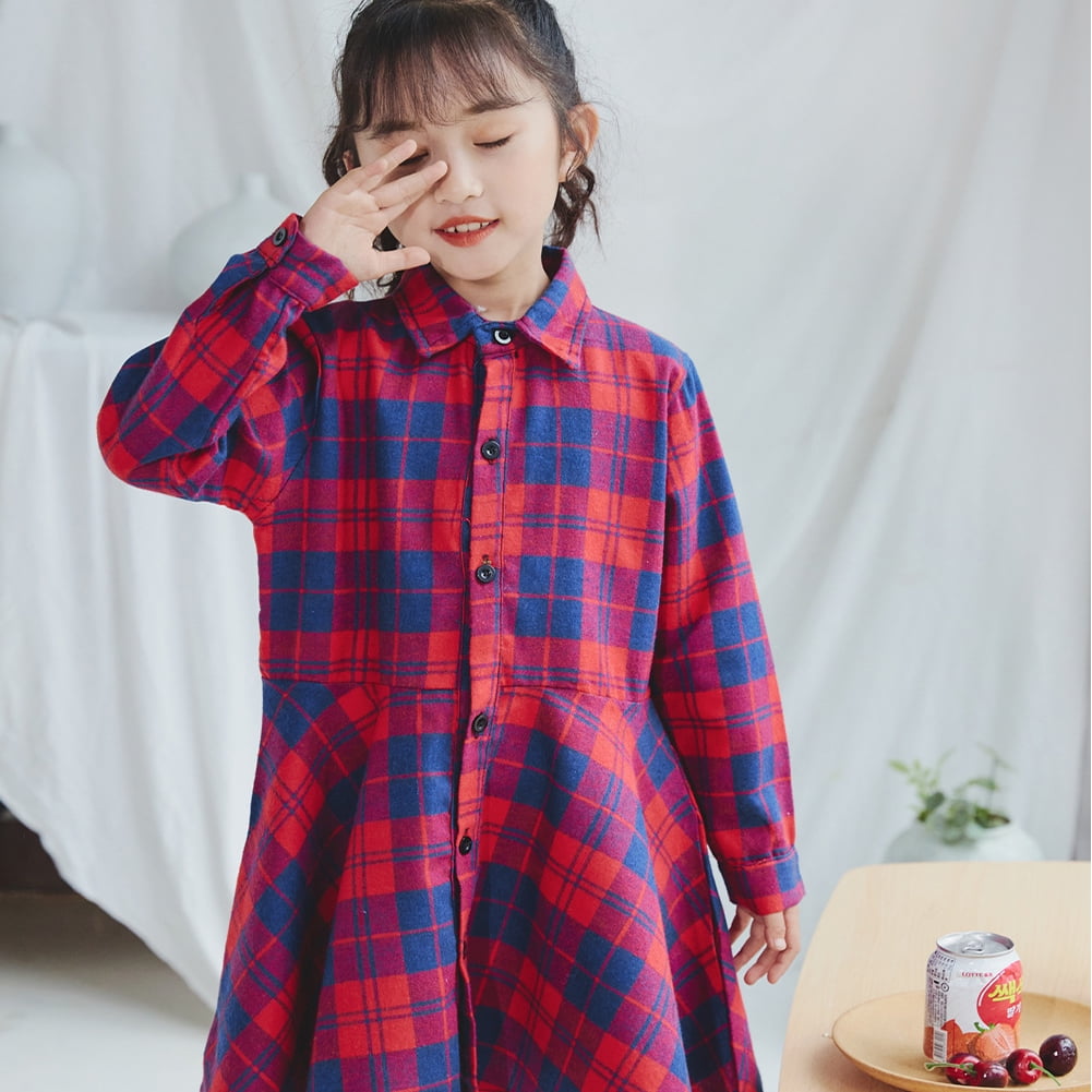 LYMAYTER 3-11T Toddler Kids Girls Plaid Dress Spring Fall Long Sleeve Button down Shirts Dresses Lapel Plaid Flannel Shirt Dress