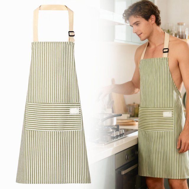 1Pc Adjustable Waterdrop Resistant Bib Apron with 2 Pockets,Strip Kitchen Protective Apron with Adjustable Neck & Long Tie For Cooking Baking Grilling Working,Soft Kitchen Cooking Apron for Women Men