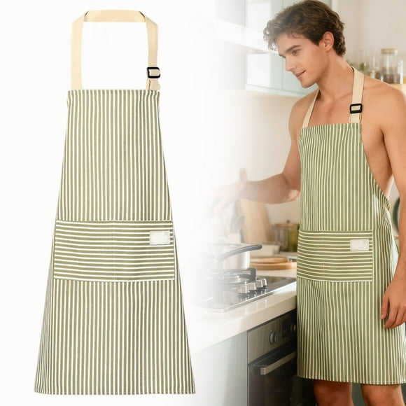 Tablier en Coton et Lin à Rayures Grises 28x26 Pouces, Tablier de Cuisine Sans Manches Résistant aux Taches avec Deux Poches, Tablier Ajustable pour Cuisiner Pâtisserie Grillades Travail, Tissu Doux Lavable en Machine
