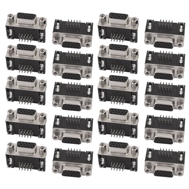 Unique Bargains 20Pcs DB 15 Pin 3 Row Female D-SUB VGA Connector PCB Mounting Right Angle