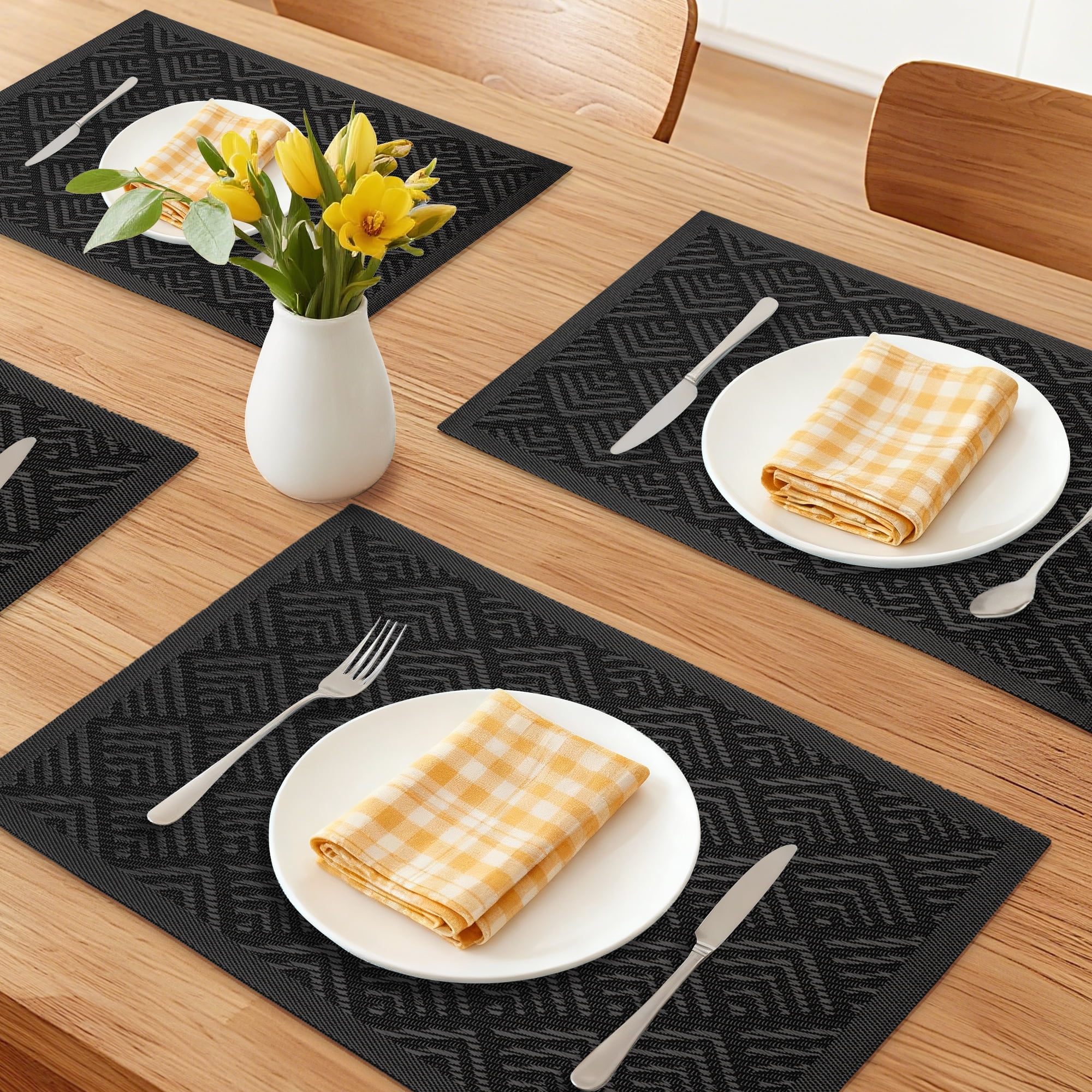 Unique Bargains Set of 6 Washable Plastic Placemats for Dining Table Decor Black