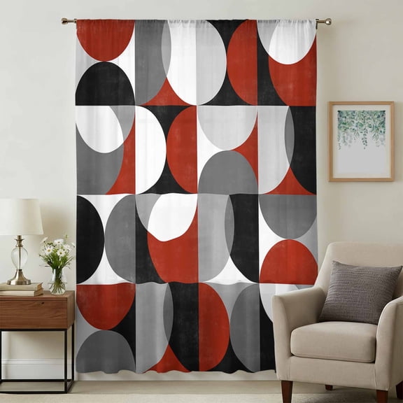 Red Grey, Sheer Curtains 84 Inches Long, Abstract Retro Middle Century Geometric Art Light Filering Curtains, Breathable Simi Curtain Privacy Drapes for Living Room Bedroom Window Treatment