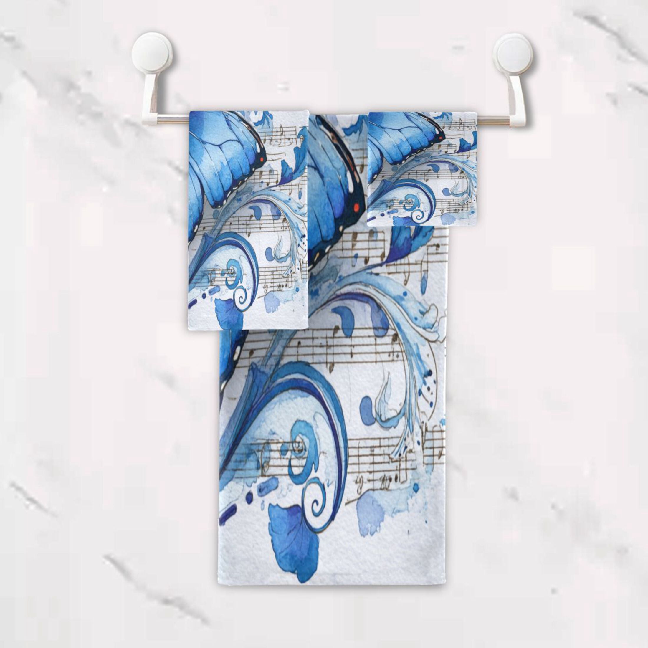 3 Sizes of Towel Sets Including Bath Towel Hand Towel and Washcloth for Daily Use Fantasy Butterfly on Sheet Music