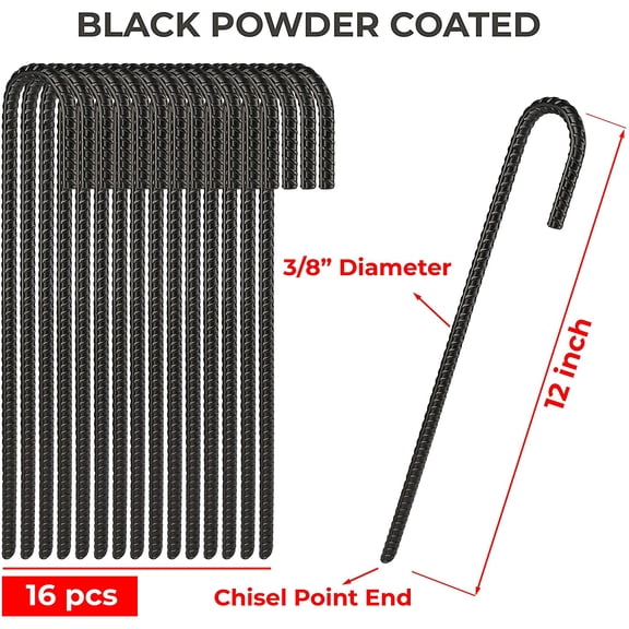 16 Pack 12" Heavy-Duty J-Hook Rebar Stakes – Powder-Coated Black Ground Anchors with Chisel Point for Garden, Camping Tents, Plant Support & Outdoor Yard Projects
