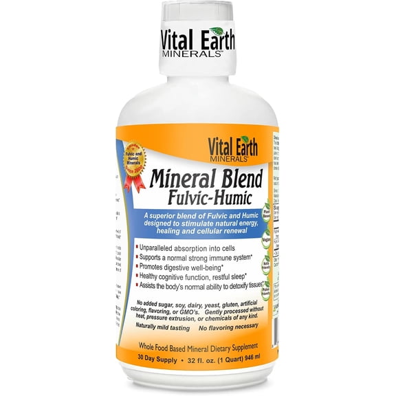 Vital Earth Minerals Fulvic Humic Mineral Blend Liquid – Fulvic Acid Supplement with 70 Trace Minerals, Electrolytes for Recovery, Balance & Energy, 32 Oz 1 Oz Cup