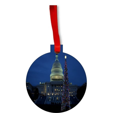 The United States Capitol on Xmas Eve - Washington D.C. Round Shaped Flat Hardboard Christmas Ornament Tree Decoration - Unique Modern Novelty Tree Décor