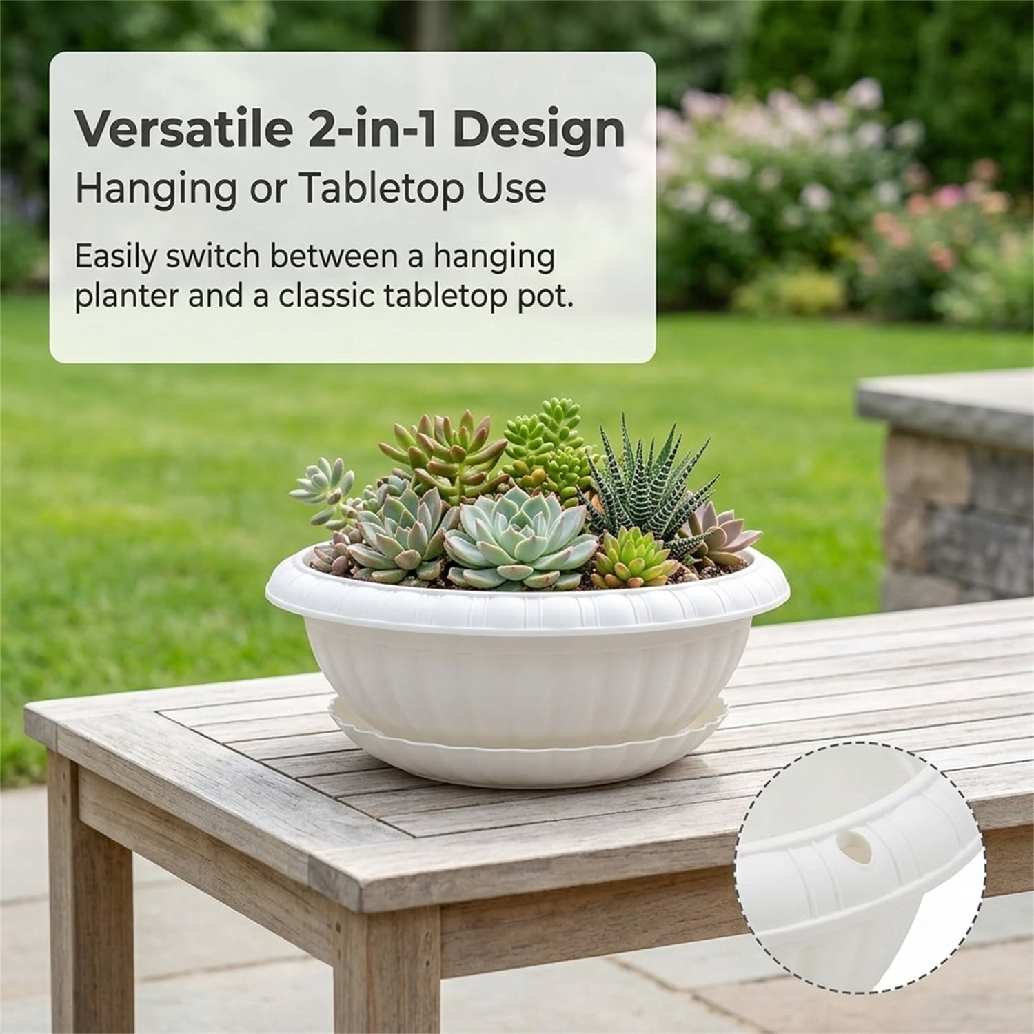 Artrylin 2 Pack Large Hanging Planters 11in Plastic Plant Pots with Drainage Holes & Trays for Indoor Outdoor Garden Wall Window Decor (White)