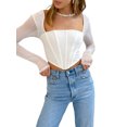 thumbnail image 2 of VISgogo, camiseta corta para mujer, manga larga de malla, camisetas cortas lisas con cuello cuadrado de corte bajo, camiseta delgada con ombligo para mujer para primavera/otoño VISgogo  moda, 2 of 6