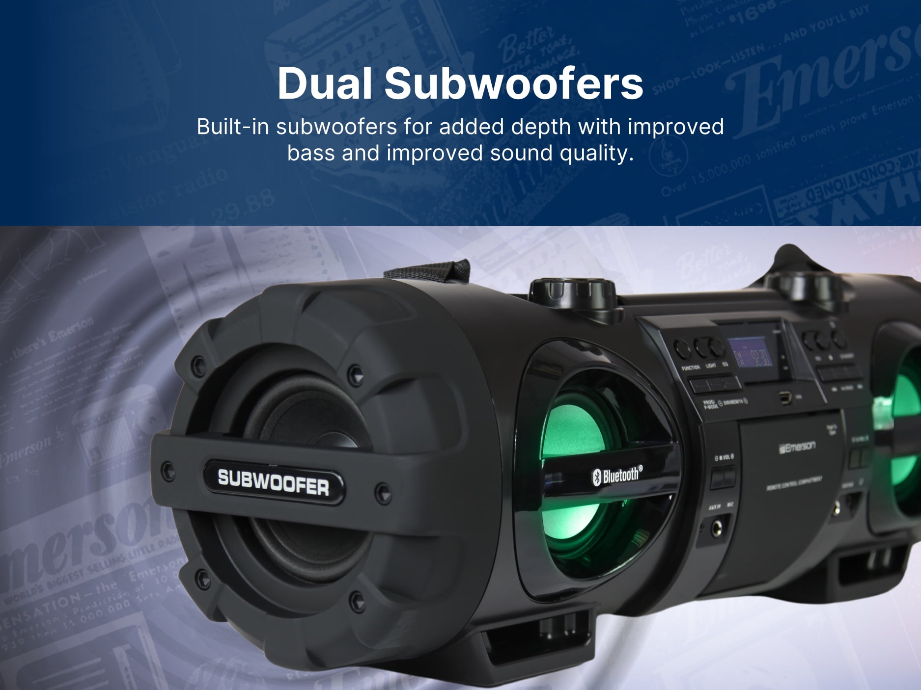 Emerson EPB-3001 Dual Subwoofer Bluetooth Boombox, Black