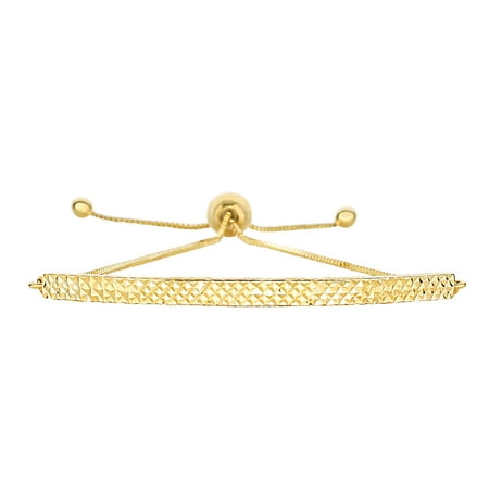 - 14K Yellow Gold Diamond Cut Curved Bar Element Anchored on Box Chain Adjustable Bracelet , 9.25