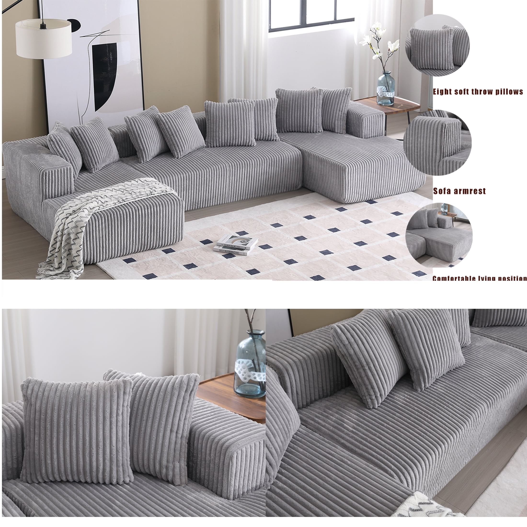 SEENYOO 130" Boneless Couch, Modern Couches for Living Room, U-Shaped 4-Seat Modular Sofa with Chaise, Oversized, No Assembly, Gray