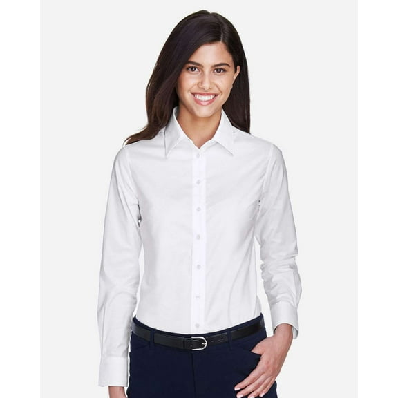 Harriton M600W Women's Long Sleeve Oxford Dress Shirt-White-M