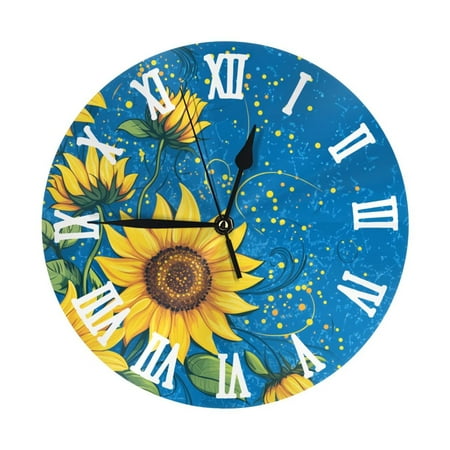 YladaFaie Wall Clock with Yellow Sunflower Silent Non Ticking Garden Outdoor Wall Clock Round Wall Clock, Silent Non-Ticking Battery Operated Clock 10 Inch Decor for Bathroom,Bedroom, Kitchen